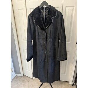 Dennis Basso Womens 1X Black Faux Shearling Suede Coat Long Faux Fur Lined EUC